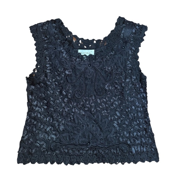 SM COLLECTION Black Lace Blouse Intricate Beaded Detail Women’s Petite Medium - Picture 1 of 7
